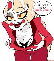 big_breasts black_nails blonde_hair charlie_morningstar_(hazbin_hotel) fangs female female_focus female_only fully_clothed groping groping_breasts hazbin_hotel mega_milk meme open_mouth osulewd red_eyes solo suit text text_bubble white_skin yellow_sclera