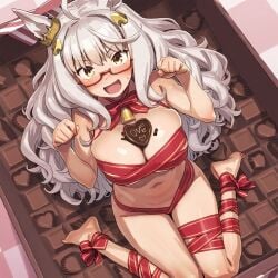 1girls ai_generated big_breasts biwa_hayahide_(umamusume) breasts cleavage female glasses horse_ears horse_girl large_breasts solo solo_focus umamusume umamusume_pretty_derby white_hair wide_hips yellow_eyes