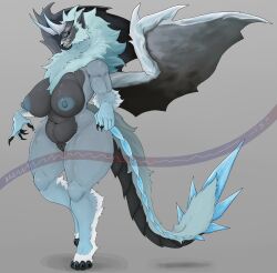 absurd_res anthro areola big_breasts breasts capcom elder_dragon female fingers fur genitals hi_res horn khemmmis monster_hunter nipples nude pussy simple_background solo tail teostra thick_thighs toa_tesukatora wings