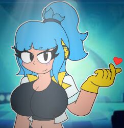 big_breasts black_crop_top blue_hair brawl_stars crop_top earphones erect_nipples heart hyper_breasts janet_(brawl_stars) nipples nipples_visible_through_clothing open_shirt ponytail popstar_janet verdoshonsfw white_shirt yellow_gloves