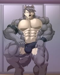 2025 abs anthro arm_tuft armband barazoku bench biceps big_muscles bulge canid canine canis clothed clothing countershade_torso countershading digital_media_(artwork) domestic_dog erection erection_under_clothing fur grey_body grey_fur grey_hair hair half_naked hand_on_hip hi_res holding_bulge husky kouya_(morenatsu) locker locker_room looking_at_viewer male male_only mammal morenatsu muscular muscular_anthro muscular_male nordic_sled_dog pecs raised_leg reclamon shaded shoulder_tuft solo spitz tail triceps tuft underwear white_body white_fur wristband yellow_eyes