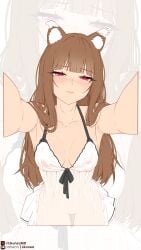 1girls animal_ears blush blushing_at_viewer blushing_female brown_hair brown_hair_female female female female_only hime_cut holding_viewer holo imminent_kiss kemono kemonomimi likunea long_hair long_hair_female looking_at_viewer medium_breasts nightgown partially_closed_eyes red_eyes red_eyes_female sole_female spice_and_wolf tagme white_nightgown wolf_ears wolf_girl