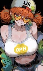 1girls ai_generated baseball_cap belt big_breasts breasts cap cleavage clothed crop_top female glasses heart-shaped_eyewear identity_v jacket lily_barriere looking_at_viewer orange_hair shorts smile twin_buns wdsj