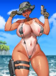 1girls areola_slip beach big_breasts bikini black_hair breasts cleavage collarbone covered_nipples female gun highres hitch_(hitch_driessen/perotoss400/kirochef) hitch_(perotoss) holding_weapon huge_breasts looking_at_viewer nipples rokmc_chan sharp_teeth short_hair sling_bikini smile solo solo_female string_bikini sweat swimsuit swimwear tan-skinned_female tan_body tanline thighs tomboy yellow_eyes
