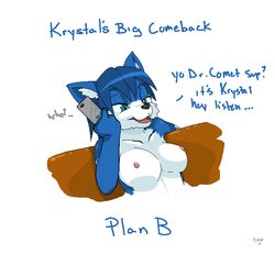 aliasing animal_ears anthro big_breasts blue_eyes blue_fur breasts canine cellphone devo dialogue english_text female fox fur furry hair krystal markings nintendo nipples nude open_mouth plain_background solo star_fox telephone text tongue video_games white_background