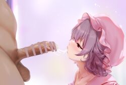 1boy absurdres after_fellatio bar_censor breasts censored cleavage commission cum cum_in_mouth cum_string dress erection female hat highres lips male medium_hair mob_cap nironiro penis petite pink_dress pink_hat pink_nails pixiv_commission purple_hair red_eyes remilia_scarlet straight touhou