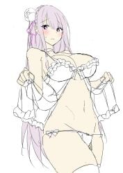 1girls 2020s 2022 bare_shoulders blush bow braid breasts cleft_of_venus elf emilia_(re:zero) female flower frills grey_hair hair_ornament hair_ribbon hi_res large_breasts light-skinned_female light_skin lingerie long_hair looking_at_viewer minato_yoshihiro navel panties pointy_ears purple_eyes purple_ribbon re:zero_kara_hajimeru_isekai_seikatsu ribbon rose simple_background sketch solo standing stomach teenage_girl teenage_tits teenager thick_thighs thighhighs thighs underwear very_long_hair voluptuous voluptuous_female voluptuous_teen white_background white_panties wide_hips young