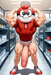 abs ai_generated ball_guy_(pokemon) balls bara biceps big_balls big_biceps big_pecs big_penis bulging_biceps defined_muscles exposed exposing_self flexing huge_cock inside make male_focus male_only mascot mascot_costume muscles muscles_through_clothes muscular muscular_arms muscular_male muscular_thighs oecs penis pokemon pokemon_ss public solo solo_male store tight_clothing