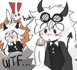 2boys bully clothing cum_in_mouth cum_on_face demon erection femboy friendship_is_magic friendship_with_benefits_game groan horn male penis penis_out semen_in_mouth ship white_fur white_hair