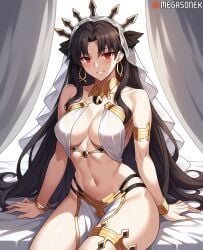 ai_generated armlet bangs bare_shoulders black_hair blush bracelet breasts cleavage collarbone crown earrings fate_(series) female gold_trim grin hair_ribbon hoop_earrings ishtar_(fate) jewelry large_breasts loincloth long_hair looking_at_viewer megasonek mismatched_bikini navel neck_ring parted_bangs parted_lips patreon_username pelvic_curtain red_eyes ribbon sitting smile solo thighs tiara two_side_up veil watermark white_bikini