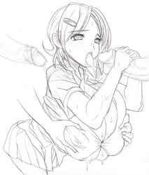 blush breast_grab breasts censored character_request cleavage cum cum_in_mouth cum_on_body cum_on_breasts cum_on_upper_body fellatio female gigantic_breasts hair hairclip huge_breasts kloah open_mouth oral penis short_hair sketch sweat uniform