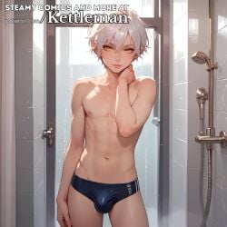 ai_generated bulge femboy feminine_male kettleman male petite shower slender_body slim swimsuit swimwear trap twink white_hair yellow_eyes
