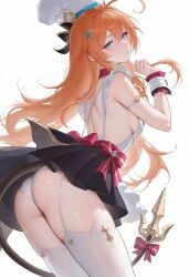 ahoge ai_generated ass bare_shoulders blue_eyes blush breasts chef_hat escoffier_(genshin_impact) female from_behind garter_straps genshin_impact hair_ornament hairclip hasko hat leaning leaning_forward long_hair looking_at_viewer looking_back orange_hair panties sideboob skirt tail thick_thighs thighhighs thighs underwear very_long_hair vision_(genshin_impact)