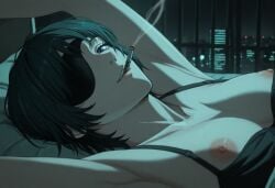 ai_generated areola areolae armpits arms arms_above_head arms_up bed bedroom black_hair black_hair_female blue_eyes bra breasts breasts_out chainsaw_man cigarette city cityscape dark_hair eyepatch female female_focus female_only himeno_(chainsaw_man) laying_down laying_on_back laying_on_bed looking_at_viewer naked naked_female nipples nordinex5 nude nude_female perfect_body seductive seductive_gaze seductive_look seductive_pose smoking solo solo_female solo_focus stable_diffusion tits_out toned_body toned_female