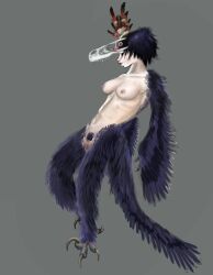 based_on_akramness_artist dinosaur_girl dinosaur_humanoid dromeosaur eyes_covered feathered_wings female harpy_girl maniraptor monster_girl tagme utahraptor xpectinodon