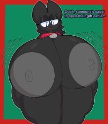 absurd_res anthro bat big_breasts black_body blue_eyes bottomless breasts clothed clothing cyandrive98 english_text exposed_breasts female genitals greeting heart_(cyandrive98) hi_res huge_breasts huge_thighs hyper hyper_thighs lifted_shirt looking_at_viewer mammal open_mouth pussy solo text thick_thighs