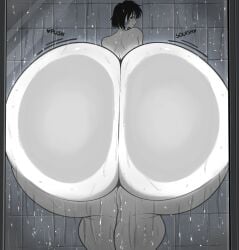 1girls against_glass ass back_view bare_shoulders black_hair bubble_butt earrings female foreshortening from_behind gigantic_ass gigantic_butt glass huge_ass huge_butt inviting kagerou_(rekka_no_honoo) light-skinned_female light_skin looking_at_viewer looking_back motion_lines nude pressed_against rekka_no_honoo short_hair shower showering smile solo solo_female sound_effects steam steaming_body text thanuki thanukiart thick_thighs tile_wall tiles water water_drop wet wet_ass wide_hips