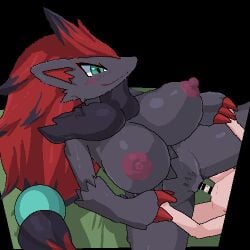 animated anthro areola biped black_body black_fur blush bodily_fluids breasts censor_bar claws closed_smile cum cum_in_pussy cum_inside dialogue duo erection female fur furry generation_5_pokemon genital_fluids genitals green_eyes human low_res male male/female mammal mouth_closed multicolored_body multicolored_fur nintendo nipples penetration penile penile_penetration penis pokemon pokemon_(species) pussy red_body red_fur sex sky_necko small_penis small_penis_adoration smile text vaginal_penetration zoroark