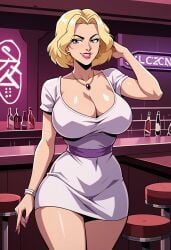 1girls ai_generated bar big_breasts big_breasts blonde_hair bracelet breasts breasts busty busty_female cleavage creature_commandos dc_comics dress earrings female female female_focus female_only hand_behind_head ilana_rostovic jewelry large_boobs large_breasts looking_at_viewer necklace short_hair smirk solo solo_female solo_focus standing white_dress zupern0va_(manipper)