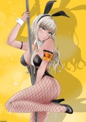1girls ass big_breasts blush bow breasts bunny_ears bunny_girl bunnysuit d4dj female fishnets grey_eyes grey_hair high_heels long_hair looking_at_viewer lord_luger matsuyama_dalia pole pole_between_breasts pole_dancing shadow signature sparkles thick_thighs watermark