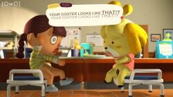 3d absurd_res animal_crossing animal_genitalia animal_pussy anthro blush bottomless bottomless_female canine_genitalia canine_pussy clothed clothing digital_media_(artwork) duo female footwear genitals hair hi_res human isabelle_(animal_crossing) mammal nintendo owo_sfm pussy shaved_crotch shaved_pussy shoes source_filmmaker_(artwork) text topwear villager_(animal_crossing)