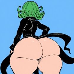 1girls 2025 2d 2d_(artwork) ai_generated anime_girl ass ass_focus back_view big_ass big_thighs black_clothing blue_background bottom_heavy bottomless dat_ass facing_away female green_hair green_hair_female huge_ass huge_breasts mullon novelai one-punch_man plain_background shortstack superheroine tatsumaki thick_ass thick_thighs