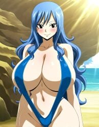 1girls ai_generated big_breasts bikini bikini_top blue_hair breasts ebisu-frr fairy_tail female female_only huge_breasts juvia_lockser large_breasts large_tits light-skinned_female light_skin long_hair sling_bikini solo solo_female solo_focus