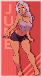 1girls barefoot breasts clothed clothing feet female female_only glasses june_(squeezable) looking_at_viewer pixel_art shin_275 smile smiling_at_viewer solo solo_female tagme tan-skinned_female tan_body tan_skin white_hair