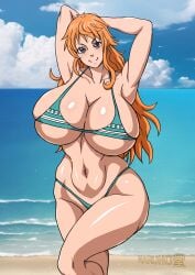 beach big_breasts bikini breasts clothing female female_only nami_(one_piece) naruho one_piece orange_hair orange_hair_female skimpy_bikini