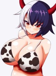1girls ? big_breasts bikini black_hair breasts cleavage collarbone cow_print female horns huge_breasts large_breasts light-skinned_female light_skin red_eyes simple_background solo touhou two_tone_hair urumi_ushizaki white_background white_hair xialu_zajin