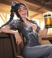 1girls ai_generated baldur's_gate_3 beer blush cleavage closed_eyes dress drunk female forgotten_realms indoors open_mouth saliva seacreator shadowheart shadowheart_(baldur's_gate) sitting smile tavern