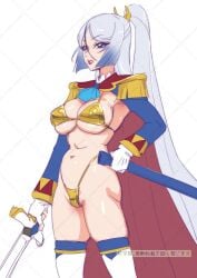 1girls belly_button bikini blue_eyes breasts captain_shalala female golden_bikini hirogaru_sky!_precure light-skinned_female light_skin lipstick muramura_hito ponytail precure pretty_cure solo sword toei_animation white_hair