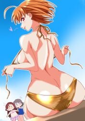 ahoge ass bikini blush breasts chibi frilled_bikini from_behind gold_bikini love_live! love_live!_sunshine!! multiple_girls one-piece_swimsuit orange_hair red_eyes sakurauchi_riko short_hair smile swimsuit takami_chika tongue watanabe_you