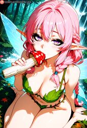 1girls absurd_res ai_generated braid braided_hair cleavage eyeshadow fairy fairy_wings female half-closed_eyes holding_mushroom holding_object leaf_clothing medium_breasts midriff multicolored_eyes mushroom navel original original_character pink_hair pointy_ears purple_eyes sitting sucking the_pleasure_glade thick_eyelashes thick_thighs wariza wings