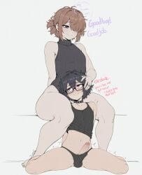 2boys age_difference ai_assisted arms_behind_back bare_legs bare_shoulders barefoot black-framed_eyewear black_hair black_panties blush brown_hair choker closed_mouth collar english_text erection female female_on_femboy femboy femdom glasses hair_over_one_eye hand_on_another's_head highleg leotard looking_at_another male_focus male_pubic_hair multiple_boys navel otoko_no_ko panties penis precum pubic_hair purple_eyes ring short_hair simple_background sitting sleeveless sleeveless_sweater smile sondu spiked_collar spikes sweat sweater tank_top trembling uncensored underwear yaoi