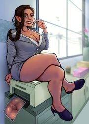 1girls anus ass big_ass big_breasts big_butt braid braided_hair braided_ponytail breasts brown_hair butt cleavage dark-skinned_female dark_skin day fangs female indoors monster_girl mr.prince666 office_lady orc orc_female photocopier photocopying_butt pussy scar solo solo_female thick_thighs thighs
