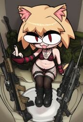 1girls 2d ai ai_assisted ai_generated bathroom big_hips boots female fishnets goth gothic hot money money_bag money_under_clothes neco-arc outline purple_eyes red_eyes rifle satanic satanist striped_body stripes tsukihime weapons