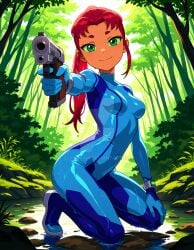 ai_generated blue_leotard cartoon_network dc dc_comics drawing green_eyes hand_on_hip holding_gun metroid nintendo not_porn orange_body orange_skin red_eyebrows red_ponytail starfire_(teen_titans) teen_titans wet_body wet_leotard zero_suit_samus zero_suit_samus_(cosplay)