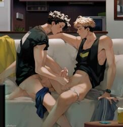 2boys atsumu_miya black_hair blonde_hair duo duo_focus gay gay_domination haikyuu!! male male_only muscles muscular muscular_male sakusa_kiyoomi torotre yaoi