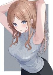 absurdres armpit_focus armpits arms_up bang_dream! bang_dream!_it's_mygo!!!!! beniyomogi blue_sweater blush border breasts brown_hair commentary female grey_background highres large_breasts long_hair looking_at_viewer nagasaki_soyo outside_border presenting_armpit sidelocks sleeveless sleeveless_sweater solo sweater very_long_hair white_border