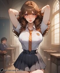 absurd_res ai_generated armpits arms_up brown_hair female harry_potter hermione_granger hi_res highres hogwarts ozziru patreon school_uniform schoolgirl self_upload uncensored witch witch_(harry_potter)