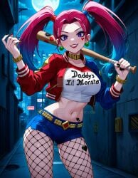 1girls 2025 4kids_entertainment ai_generated alley anime bat_(object) batman_(series) belly black_nails cosplay crossover crossover_cosplay dc dc_comics deviantart drawing elryusam female fishnets green_earrings harley_quinn harley_quinn_(cosplay) jessie_(pokemon) lipstick meta nail_polish nintendo not_porn pink_hair pokemon purple_eyes red_lipstick team_rocket tummy