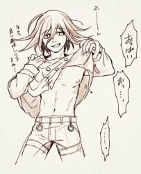 danganronpa danganronpa_v3 kokichi_ouma lifting_shirt male male_focus male_only nipples ouma_kokichi pants partially_clothed shirt_lift shirt_up smile solo solo_focus solo_male stripping taking_clothes_off taking_off_shirt taking_shirt_off undressing