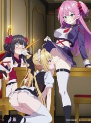 3girls absurdres amatsu_karla anus armpits artist_name ascot ass black_hair black_shoes blonde_hair bow censored clothes_lift cunnilingus eufoniuz female fingering furrowed_brow green_eyes hairbow hairless_pussy high_ponytail highres hikikomari_kyuuketsuki_no_monmon indoors kneeling long_hair long_sleeves maid_headdress mosaic_censoring multiple_girls navel nelia_cunningham no_panties o_o oral pink_hair pixiv_username pleated_skirt ponytail pussy_juice red_ascot red_bow red_eyes shaved_pussy shoes sitting skindentation skirt skirt_lift smile table terakomari_gandezblood thighhighs tongue tongue_out two_side_up white_thighhighs yuri