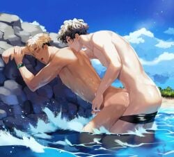 2boys atsumu_miya beach black_hair blonde_hair duo duo_focus gay gay_domination haikyuu!! male male_only muscles muscular muscular_male sakusa_kiyoomi torotre yaoi