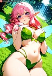 1girls absurd_res ai_generated braid braided_hair curious cute_face eyeshadow fairy fairy_wings female half-closed_eyes leaf_clothing lying lying_on_back medium_breasts midriff multicolored_eyes mushroom navel original original_character paizuri pink_hair pointy_ears pressing_breasts_together purple_eyes surprised the_pleasure_glade thick_eyelashes thick_thighs wings