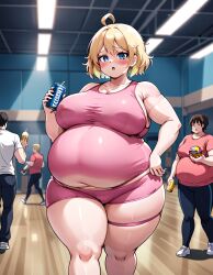 ai_generated beer big_belly blonde_hair blue_eyes breasts fat female large_breasts obese short_hair thick_thighs tight_clothing