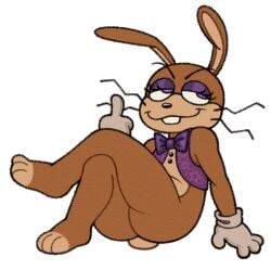 2024 anthro ass bottomless brown_body brown_eyes bubble_butt buckteeth button_(fastener) clothed clothing digital_media_(artwork) eyelashes eyeliner feet femboy five_nights_at_freddy's five_nights_at_freddy's:_help_wanted gesture glitchtrap gloves half-closed_eyes hand_gesture handwear lagomorph leporid looking_away low_res makeup male mammal mascara mascot mascot_costume middle_finger mostly_nude multicolored_body nanocorpx narrowed_eyes no_underwear purple_clothing purple_eyes purple_topwear rabbit rabbit_ears scut_tail short_tail simple_background sitting smug smug_expression smug_face solo tail teeth topwear two_tone_body vest whiskers white_background white_clothing white_gloves white_handwear