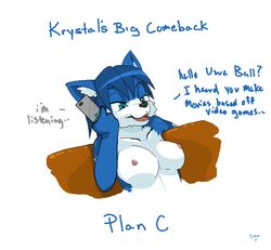 aliasing animal_ears anthro big_breasts blue blue_eyes blue_hair breasts canine cellphone devo dialogue ear english_text female fox fur furry hair huge_breasts krystal markings nintendo nipples nude open_mouth plain_background solo star_fox telephone text tongue video_games white_background