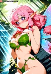 1girls absurd_res ai_generated braid braided_hair curious cute_face eyeshadow fairy fairy_wings female leaf_clothing lying lying_on_back medium_breasts midriff multicolored_eyes mushroom navel original original_character paizuri pink_hair pointy_ears pressing_breasts_together purple_eyes surprised the_pleasure_glade thick_eyelashes thick_thighs wings
